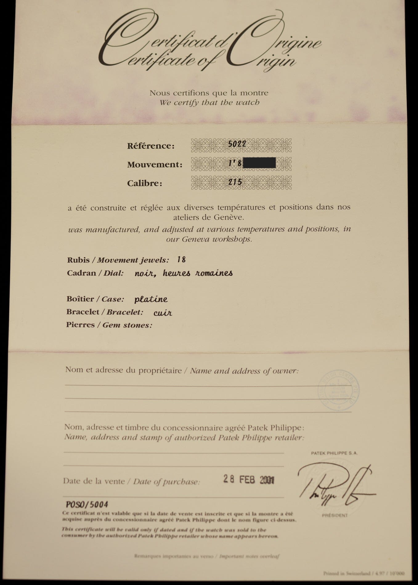 Patek Philippe カラトラバ 5022 PT ブラックギョーシェダイアル 保証書付き Watch PATEK PHILIPPE 