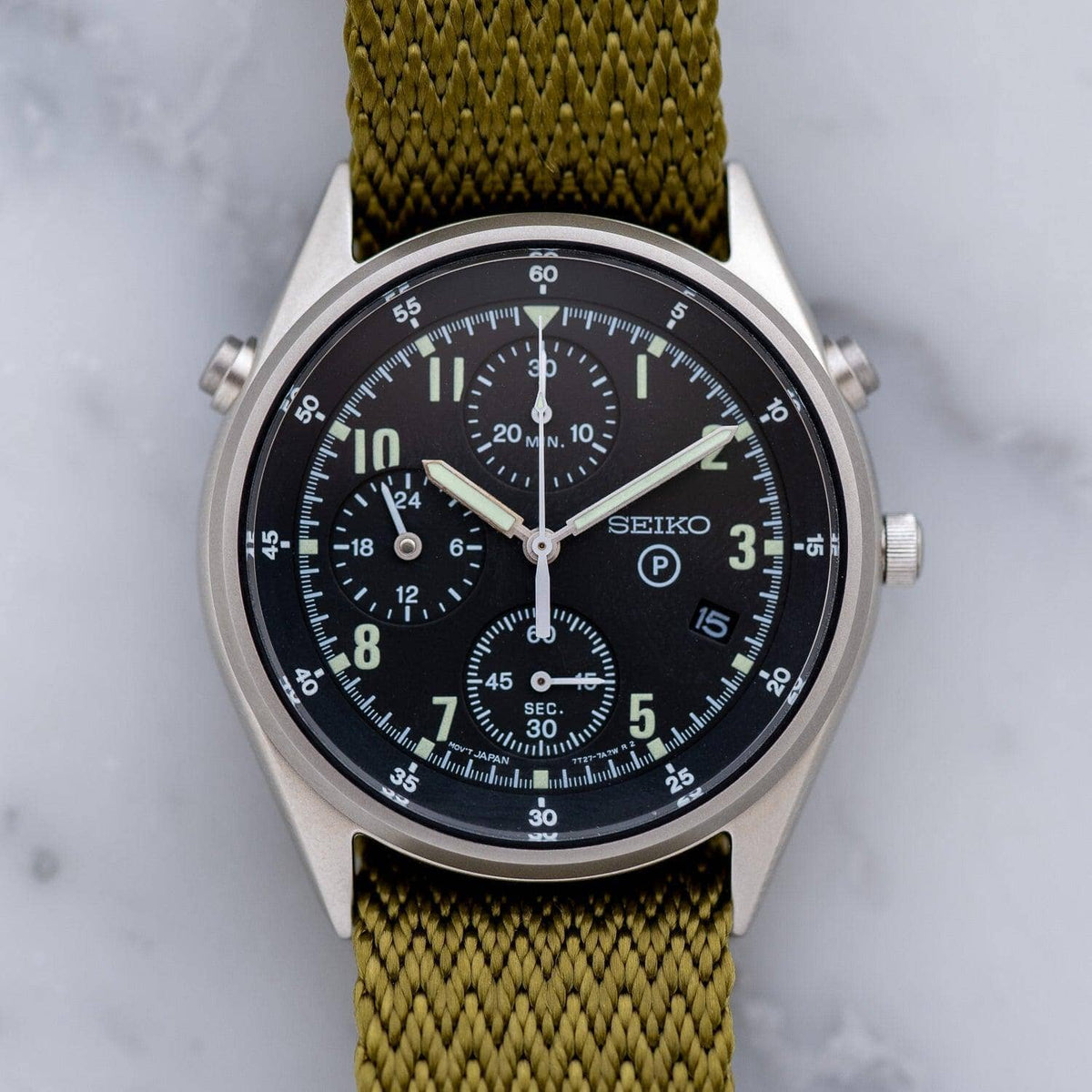 SEIKO クロノグラフ 7T27-6A70 アイボリー オメガ尾錠 本革ベルト 